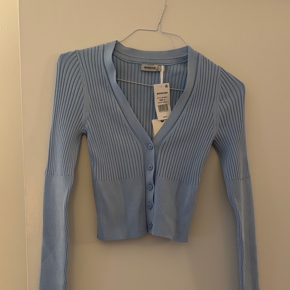 SIMKHAI Sky Blue Ribbed V-Neck Buttoned Cardigan
